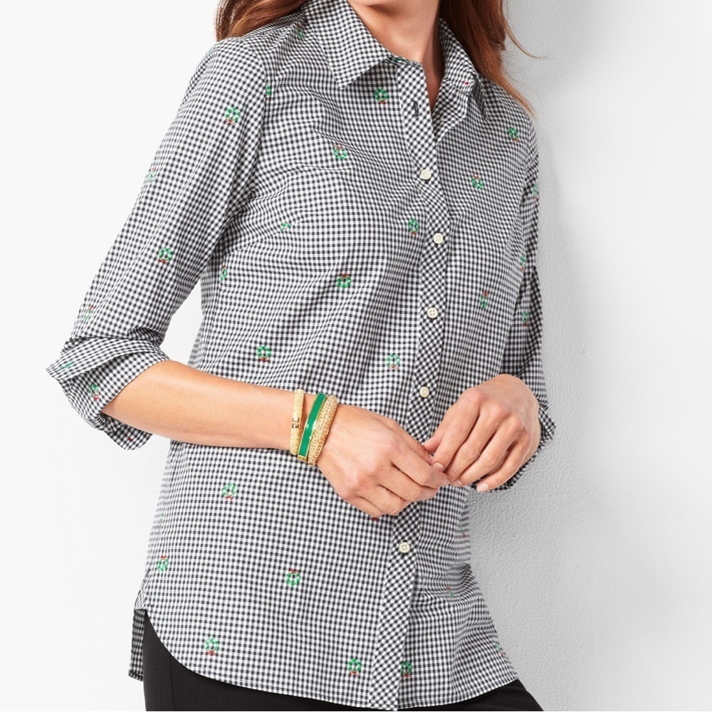 NWT Talbots Classic Cotton Holiday Gingham Embroidered Wreath Large Petite Shirt